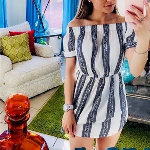 Blush White&Navy Blue Striped Off Shoulder Dress